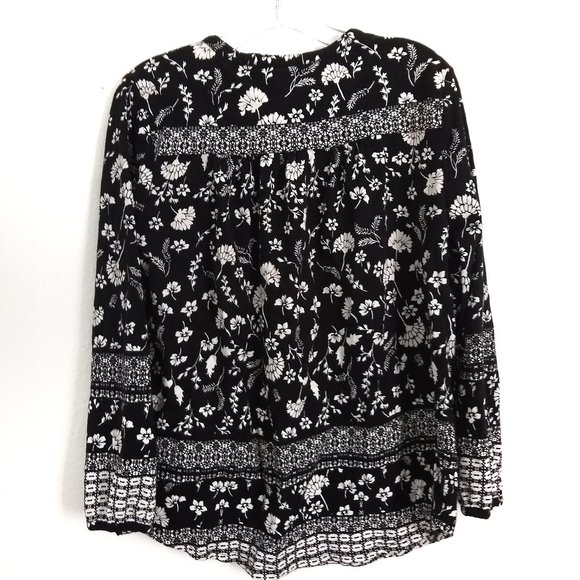 Lucky Brand Floral Print Henley Top In Black Multi Border Print Size Medium - Picture 5 of 6